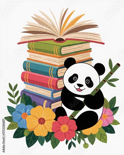 Cute Panda with Books and Flowers Cartoon Illustration for Kids and Educational Resources Colorful Illustration with Bamboo