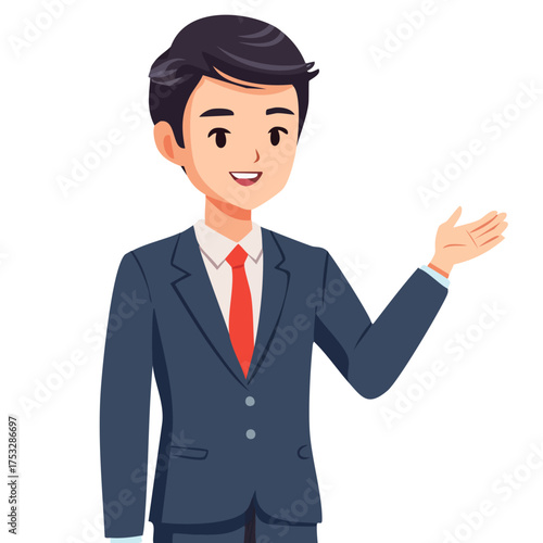 スーツを着て案内する男性