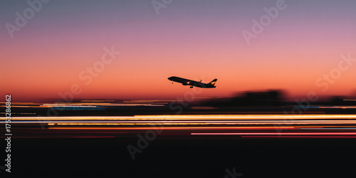 The plane takes off at sunset