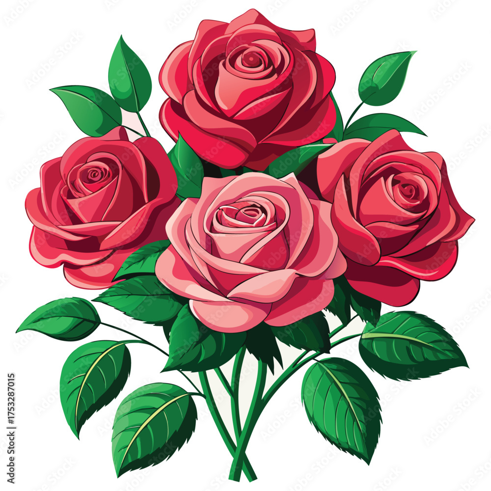 Naklejka premium Red Roses Bouquet Illustration,Romantic Floral Art with Green Leaves,Red Roses vector,Red Roses design, Red Roses concept,Red Roses cartoon,Red Roses icon, Red Roses template,Red Roses art,Red Rose