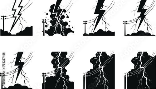 Electric lightning bolt hitting ground near power lines with storm clouds, high voltage danger energy impact vector illustration set