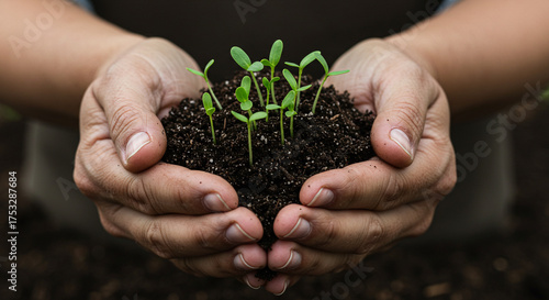 Hands cradling young green seedlings in dark soil demonstrating growth