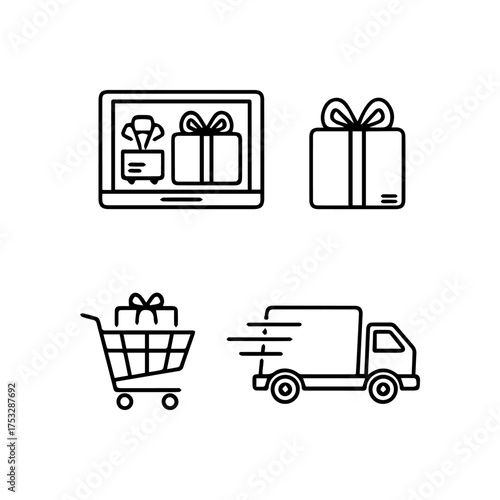 Icons show online shopping laptop gift shopping cart and delivery truck