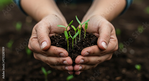 Hands holding young sprouts and soil in a close up view