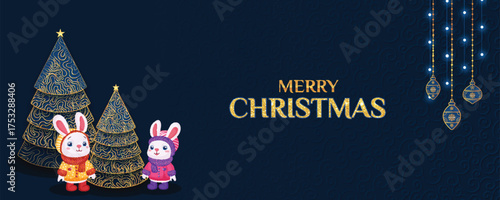 Charming Merry Christmas banner Two adorable cartoon rabbits in winter clothes hats. Stand next to stylized pine trees with golden glitter. Dark blue background with hanging gold ornaments .