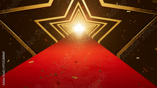 Red carpet path extending through a tunnel of glowing golden stars, symbolizing a journey towards success, fame, and recognition, with confetti celebrating an achievement or award event. 3d rendering