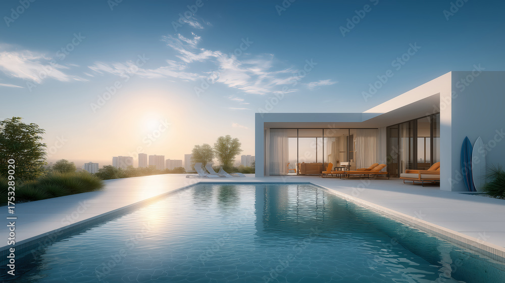 Fototapeta premium Luxury modern villa with swimming pool and surfboard during sunset, offering a serene and relaxing atmosphere
