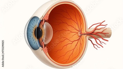Medical eye anatomy detailed illustration showing retina blood vessel cornea lens pupil optic nerve cross section for healthcare education vision health anatomy medical retina blood vessel cornea