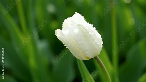 White Tulip with Dew Drops in Soft Morning Light