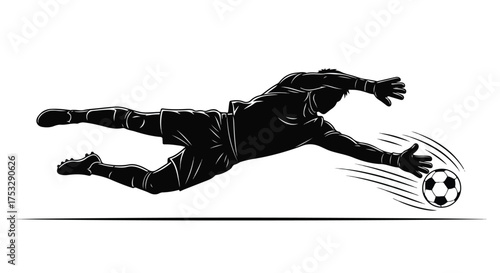 Dynamic Soccer Goalkeeper Diving Save Silhouette. Football Player in Action Catching Ball. Vector Illustration.