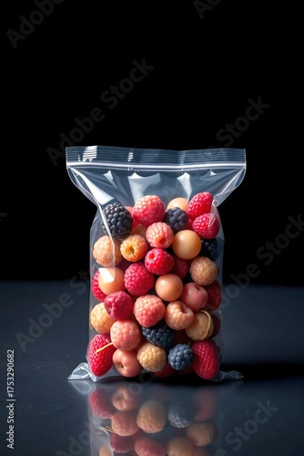Contemporary food packaging photo showing berries in vacuum bag, stylish and high contrast.