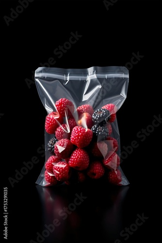 Product photo of packed berries in transparent plastic, modern look with realistic texture.