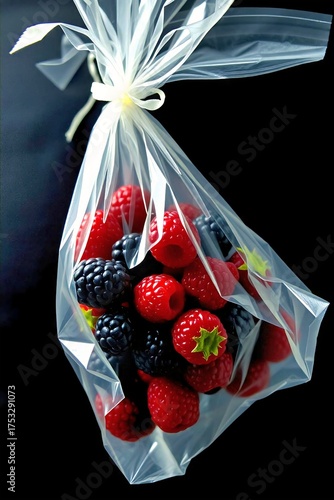 Product photo of packed berries in transparent plastic, modern look with realistic texture.