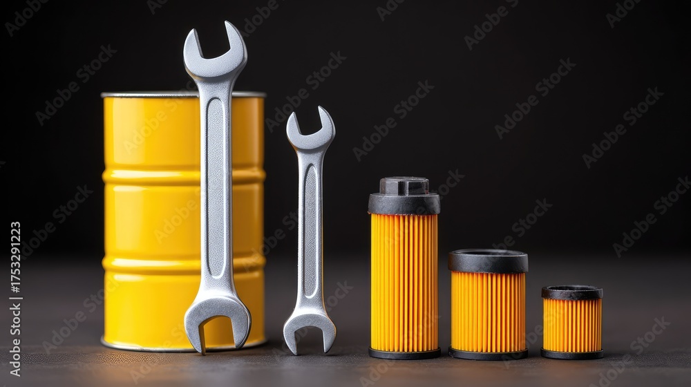 Obraz premium Set of Automotive Tools Including Wrenches and Oil Filters with Bright Yellow Canister Displayed Against a Dark Background for Industrial or Mechanic Themes