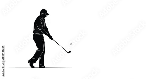 Dynamic silhouette of a male golfer mid-swing, hitting a golf ball with a club, isolated on white background. Sports and leisure graphic.