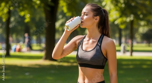 Fit woman drinking from blank white can during outdoor workout in sunny park