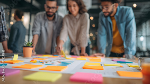 Diverse team collaborating on a project using sticky notes and a large diagram
