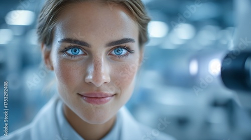 Close up of a beautiful woman with glowing blue eyes in a futuristic setting.
