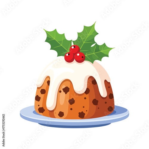 Deliciously decorated christmas pudding with icing and holly berries on plate festive dessert vector