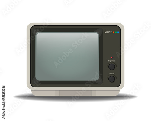 Old vintage computer monitor. CRT monitor from 80-s with knobs and realistic glare effect. Empty, blank screen with transparency. Template for retro computer monitor setup.