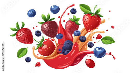Vector illustration of mixed berries with liquid splashing, isolated on white background