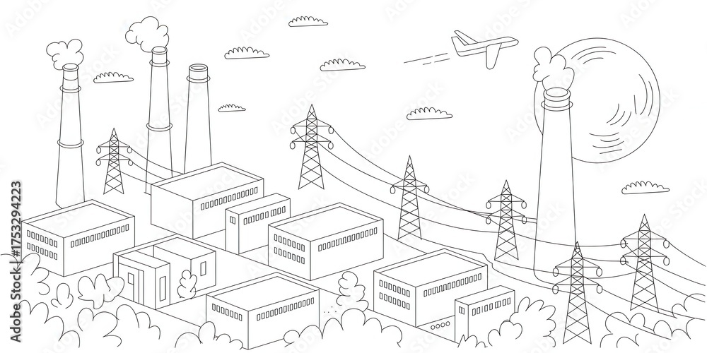 Obraz premium Clean energy future contrasting with industrial past, featuring modern factories, powerlines, airplane and sun in monochrome line art style