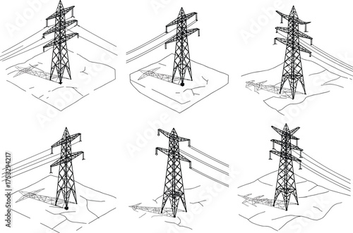 High voltage electricity transmission towers vector illustration showing power pylons structure, energy distribution grid, and industrial infrastructure design concept