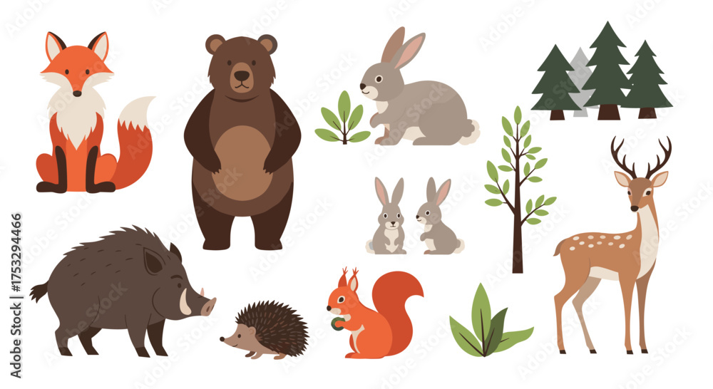 Fototapeta premium A collection of cute forest animals and plants.
