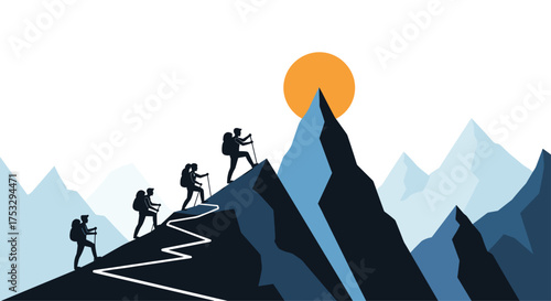 Hikers ascend a steep mountain path towards the sun as they reach their goal.