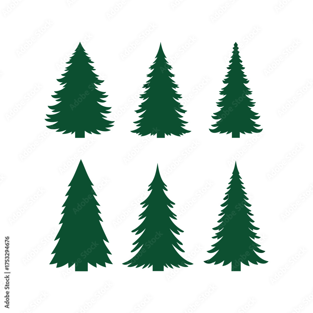 Obraz premium Set of six diverse evergreen christmas trees silhouette vector graphics for holiday design vector