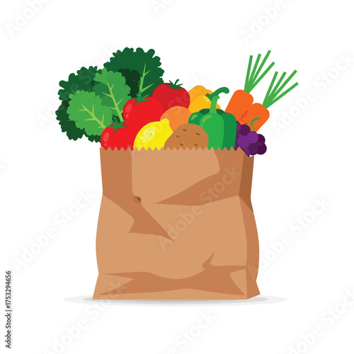 Fresh healthy vegetables overflowing brown paper grocery bag shopping food vector