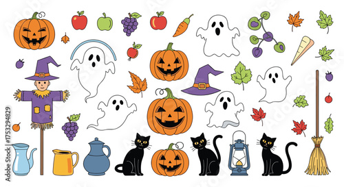 Collection of cute halloween elements including pumpkins ghosts scarecrow and cats.