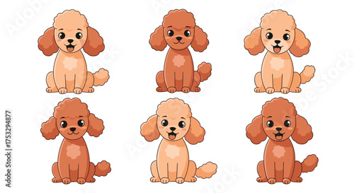 A collection of six cute cartoon poodles in different colors and poses.
