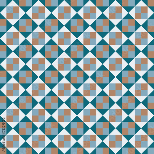 Pattern created from gold and light teal squares and off-white and dark teal triangles
