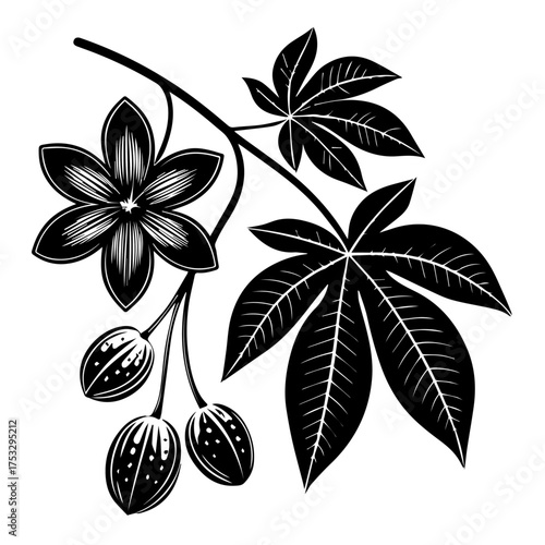 Elegant floral branch featuring castor oil plant flower, seeds, and leaves for botanical designs