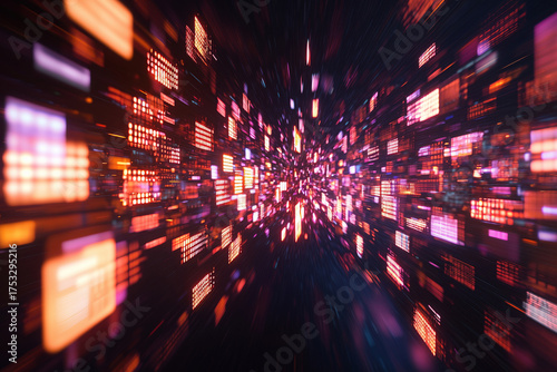 Vibrant digital abstract background with glowing squares and rectangles, creating sense of depth and motion in futuristic environment