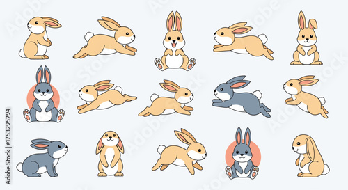 A collection of adorable cartoon bunnies in various playful poses