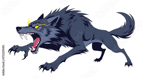 This dark monstrous wolf opens its mouth wide with sharp teeth and claws extended.