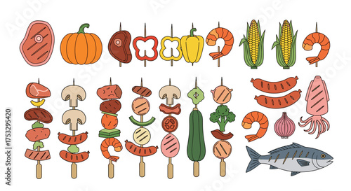 A collection of colorful grilled skewers and various food items on a white background.