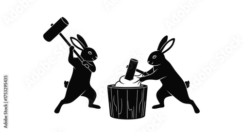 Rabbits preparing mochi with mallets and mortar.