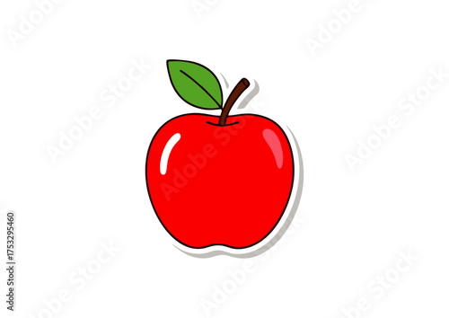 Cartoon red apple fruit with leaf sticker icon. Simple flat vector illustration isolated on a white background for healthy food design