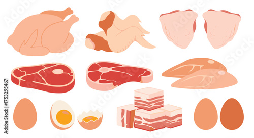 An assortment of raw and cooked meat and poultry products along with eggs.