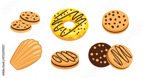 A delicious assortment of baked goods including cookies and a donut.