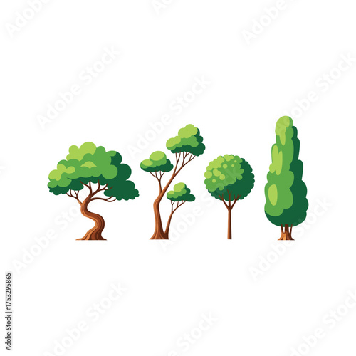 Set of diverse stylized green trees for landscape design and illustration vector