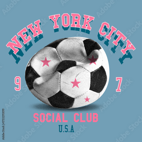 New York City Social Club Football Illustration: A vintage-inspired graphic depicts a deflated soccer ball, emblazoned with New York City Social Club.