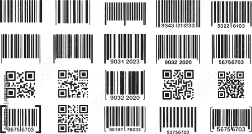 Assortment of barcode and QR code symbols in black and white on a white background Keywords: barcode QR code scanner scanning data identification
