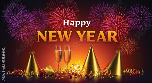 A vibrant New Year's scene featuring champagne flutes, party hats, and dazzling fireworks, embodying the joy and anticipation of a fresh start and festive cheer.