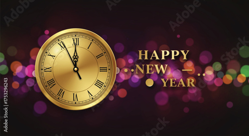 A golden clock strikes midnight against a backdrop of vibrant bokeh lights, symbolizing the joyous arrival of the New Year and the anticipation of new beginnings.