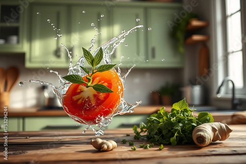 High-detail cinematic kitchen photo with flying vegetables, vibrant greens, and clean textures.
