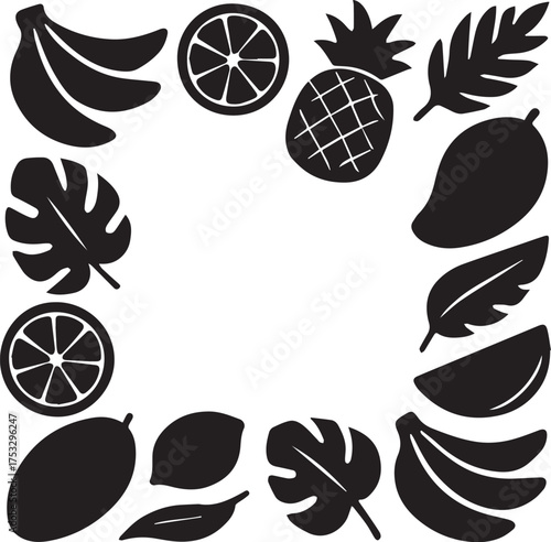 Tropical fruits and leaves frame in black and white linocut style illustration with organic shapes for packaging and label design